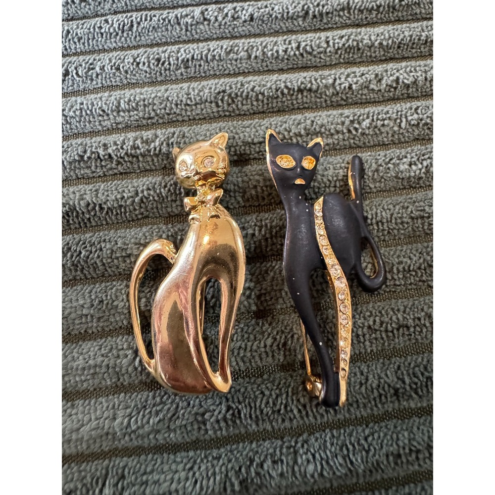 Vintage Cat Brooches Set Gold Black‎ Rhinestone Feline Jewelry